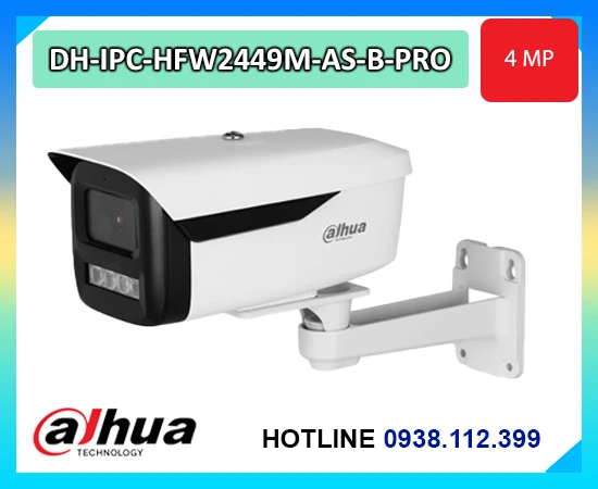  Camera IP Dahua DH-IPC-HFW2449M-AS-LED-B 4MP tích hợp công nghệ Full Color, WDR 120dB và AI bảo vệ vành đai giúp giám sát rõ nét ngày đêm. Camera hỗ trợ micro ghi âm, khe thẻ nhớ 256GB và chống nước IP67