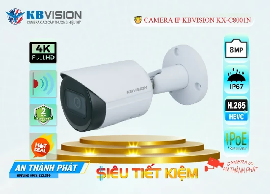  Lắp camera KX-C8001N chính hãng KBvision có Độ Phân Giải 8.0 MP Sử Dụng Công Nghệ IP POE Xem Ban Đêm Hồng Ngoại 30m Với Trang Bị Công Nghệ Hồng Ngoại Smart IR Thiết kế Kiểu Thân Kim Loại Với Chức Năng Thường Khả Cân Bằng Ánh Sáng BLC Chất Lượng  Chíp xử lý hình ảnh Sony STARVIS CMOS phiên bản mới nhất  chuẩn nén H.265+/H.265/H.264+/H.264 lưu hình ảnh lâu hơn 