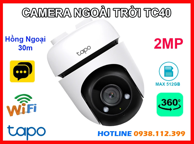  Tapo TC40 camera IP Wi-Fi không dây ngoài trời với độ phân giải 2MP quay quét linh hoạt và tầm nhìn hồng ngoại ban đêm lên đến 30m trang bị tính năng đàm thoại hai chiều có khe thẻ nhớ lên đến 512GB và chuẩn chống nước IP65 đảm bảo hoạt động bền bỉ dưới mọi điều kiện thời tiết