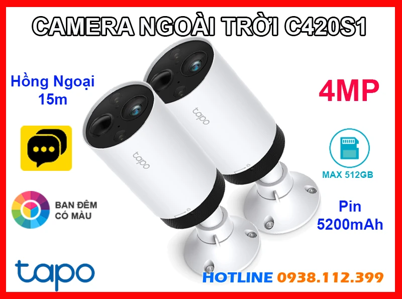  Tapo C420S1 camera an ninh ngoài trời không dây tích hợp pin 5200mAh có độ phân giải 4MP cho hình ảnh sắc nét cả ngày lẫn đêm với tầm nhìn hồng ngoại đến 15m hỗ trợ đàm thoại hai chiều khe cắm thẻ nhớ lên đến 512GB cùng công nghệ nhìn đêm có màu và phát hiện chuyển động thông minh