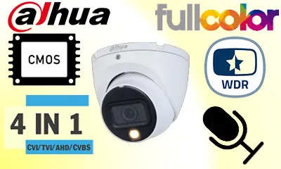 Camera DH-HAC-HDW1500TLMP-IL-A độ phân giải 25.0MP, và theo đấy là công nghệ Full color, tích hợp microphone có thể thu âm